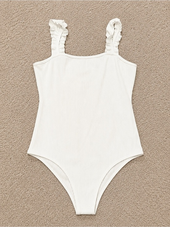 Gilli Tops - Gilli White Ribbed Ruffle Strap Bodysuit